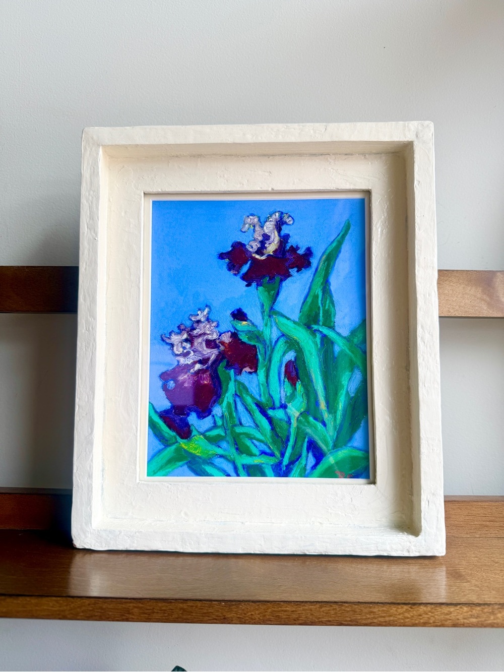 Framed Floral Artwork - Blue Background with Green Leaves